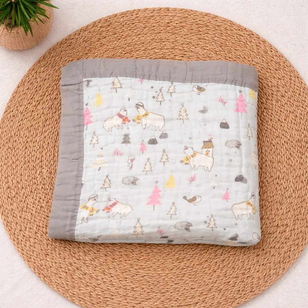 100% Cotton Muslin Baby Blanket 6 Layer Soft Blanket Muslin Blanket for Kids Baby Infants -GREY WINTER ANIMALS CODE:NBE